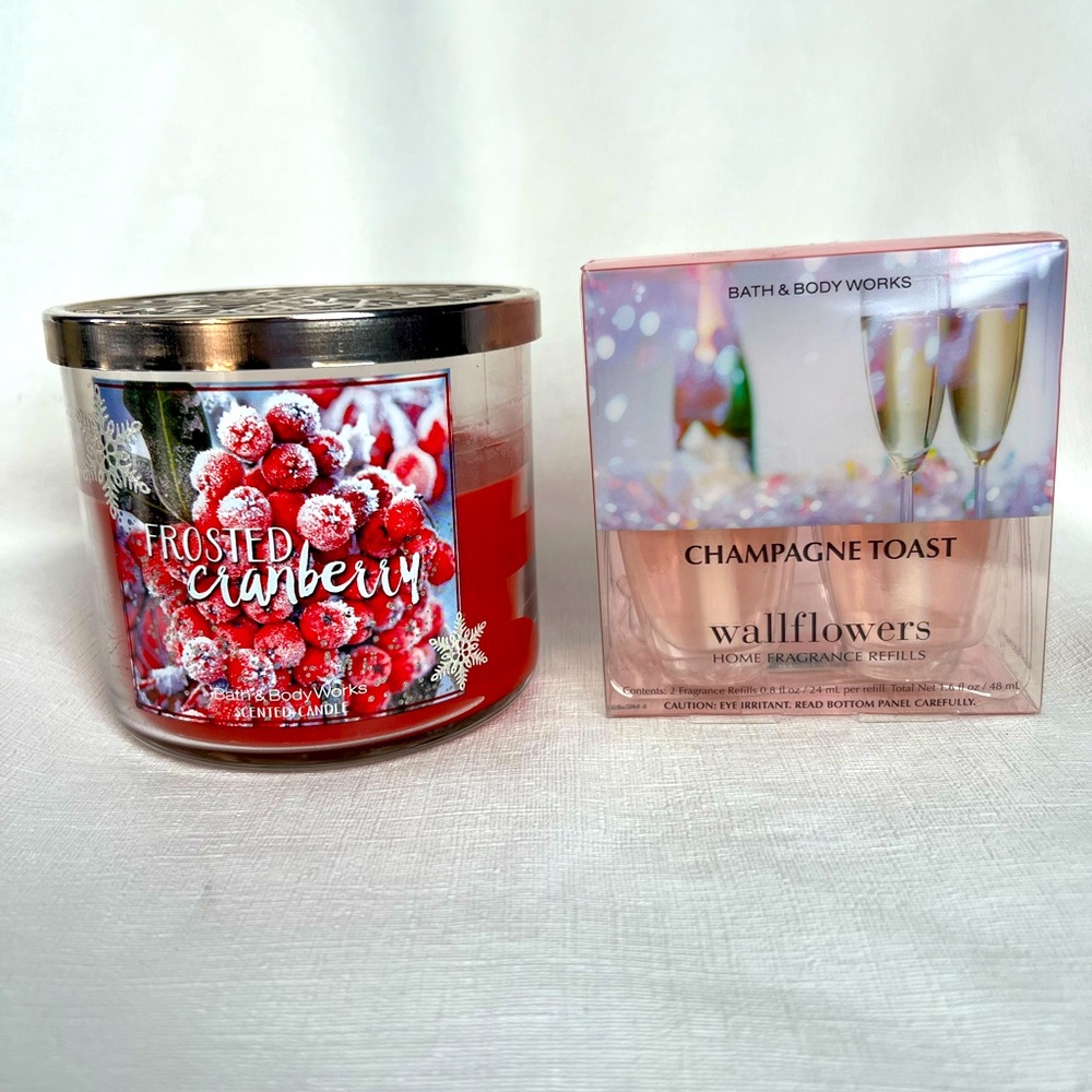 Bath & Body Works Frosted Cranberry 3 Wick Candle & Wildflower Refills